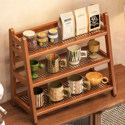 Multi-Tier Wooden Coffee Syrup & Mug Display Stand