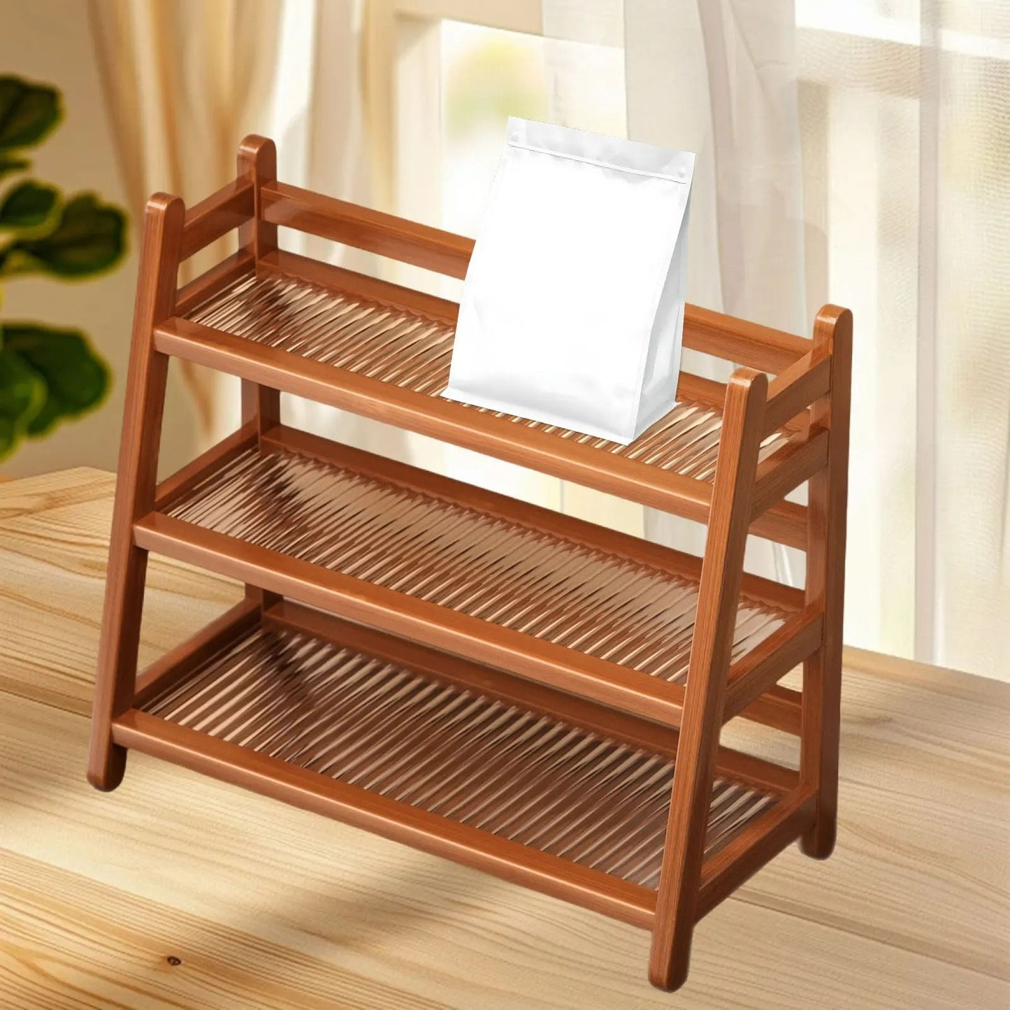 Multi-Tier Wooden Coffee Syrup & Mug Display Stand