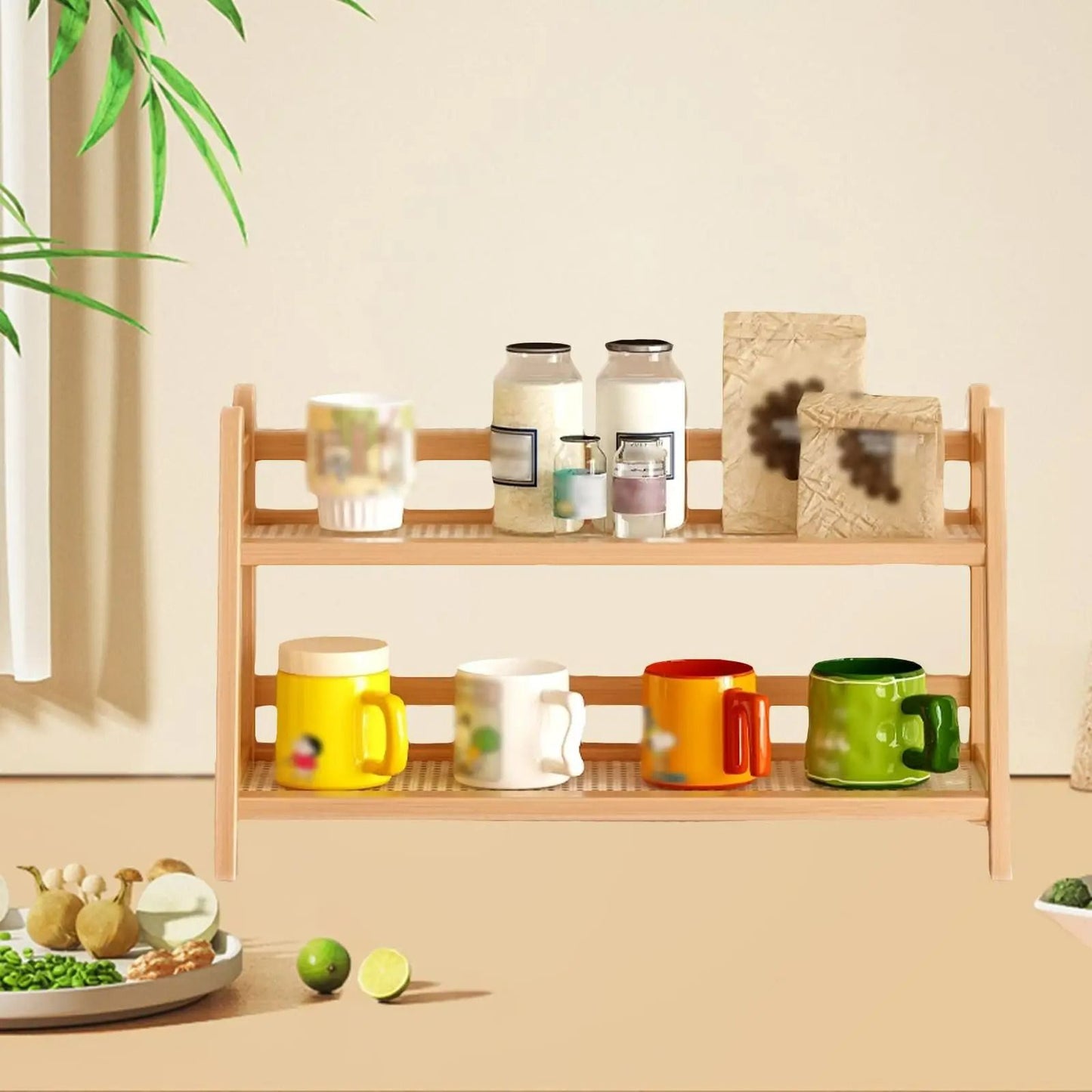 Multi-Tier Wooden Coffee Syrup & Mug Display Stand