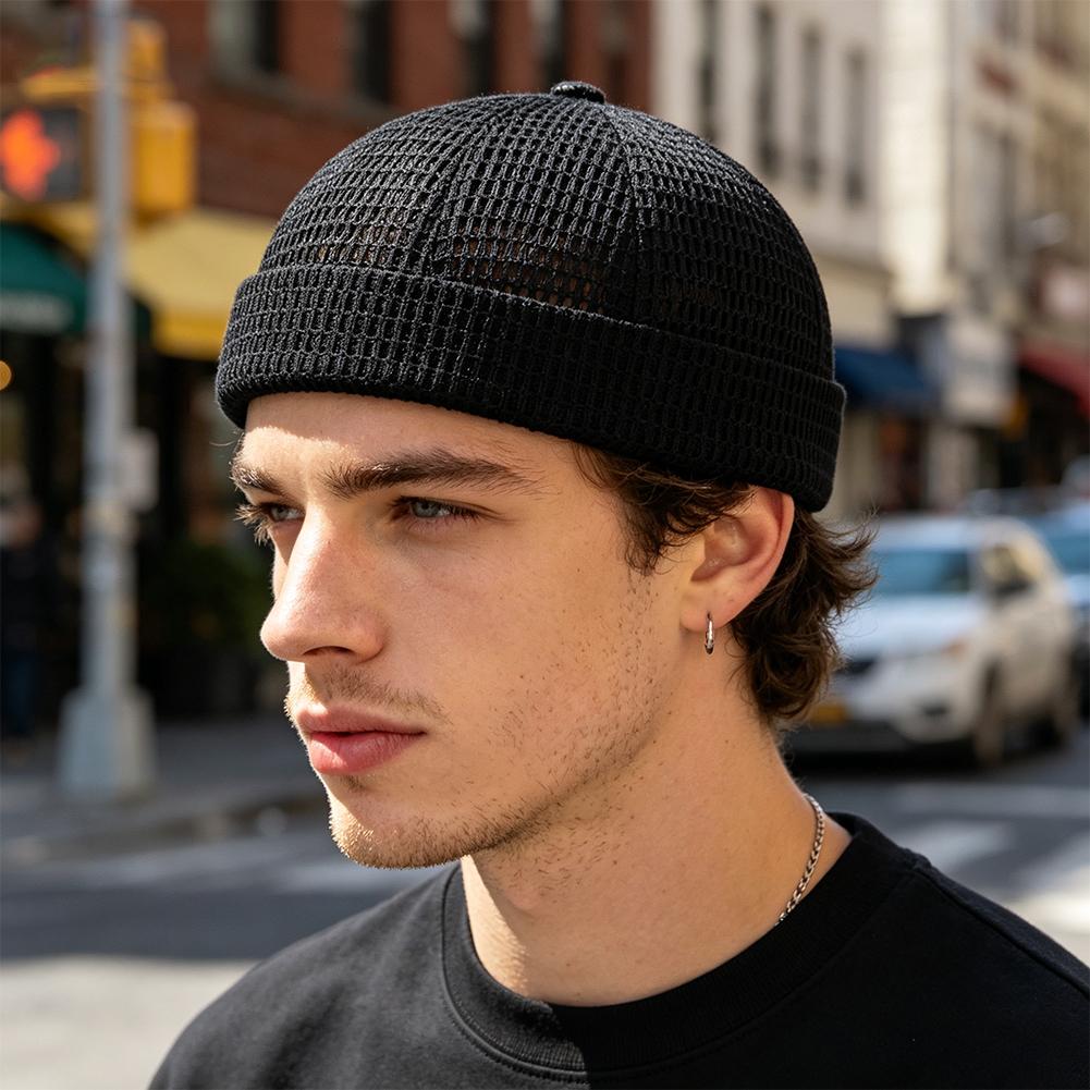 Retro Mesh Docker Cap Adjustable Brimless Docker Cap for Breathable Streetwear Comfort