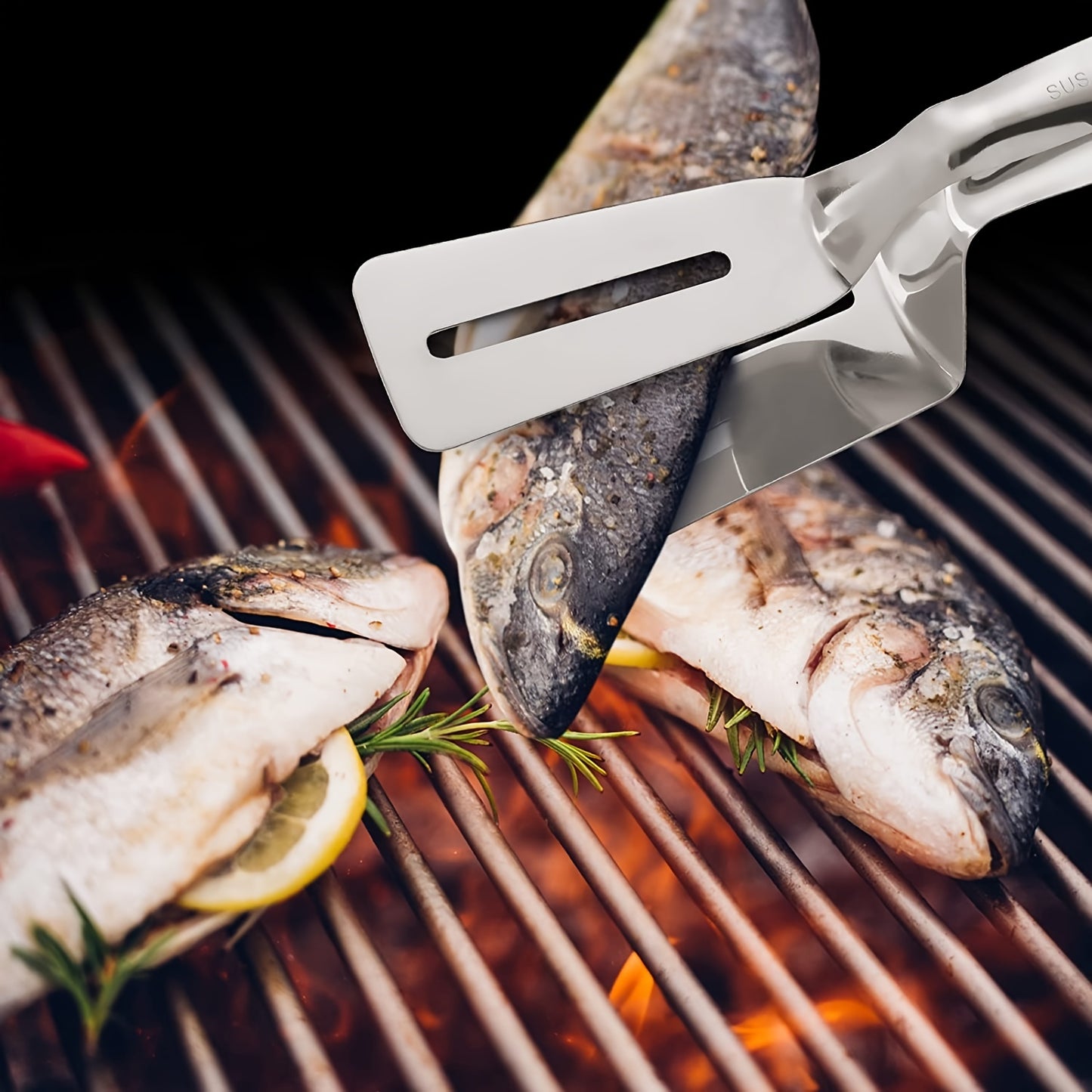 Stainless Steel BBQ Steak Clamps & Grilling Spatula Tongs for Burgers, Fish & Pizza