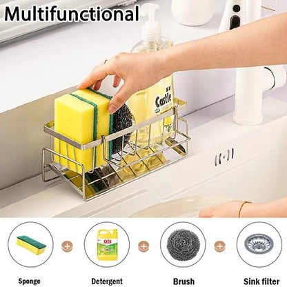 Stainless Steel Kitchen Sink Drain Rack - Multifunctional Sponge, Rag & Cleanser Storage Shelf