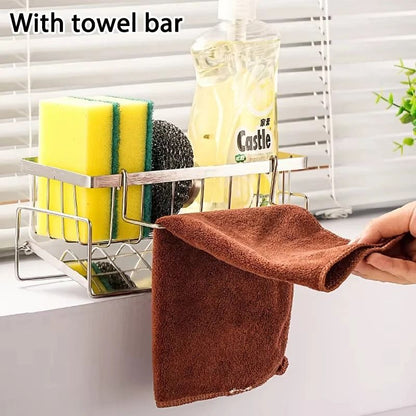 Stainless Steel Kitchen Sink Drain Rack - Multifunctional Sponge, Rag & Cleanser Storage Shelf