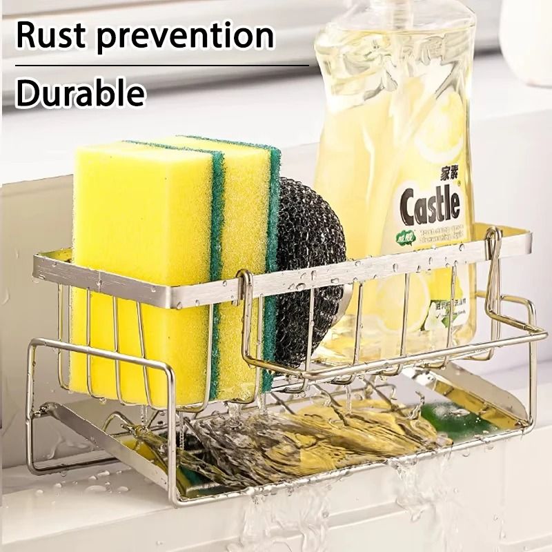 Stainless Steel Kitchen Sink Drain Rack - Multifunctional Sponge, Rag & Cleanser Storage Shelf