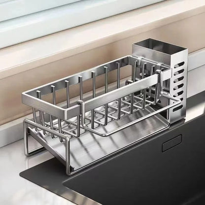 Stainless Steel Kitchen Sink Drain Rack - Multifunctional Sponge, Rag & Cleanser Storage Shelf