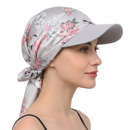 Women Satin Headscarf Sun Hat with Brim Summer Breathable Printed Cap