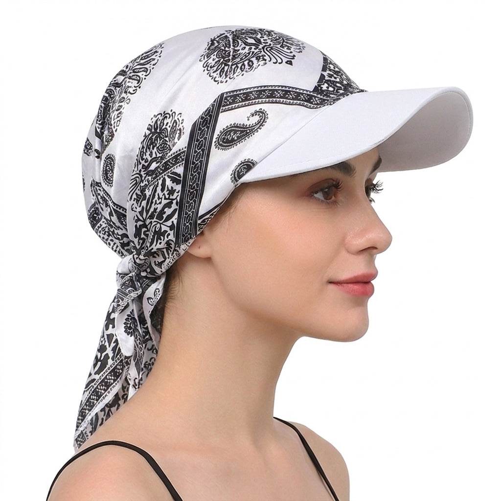 Women Satin Headscarf Sun Hat with Brim Summer Breathable Printed Cap