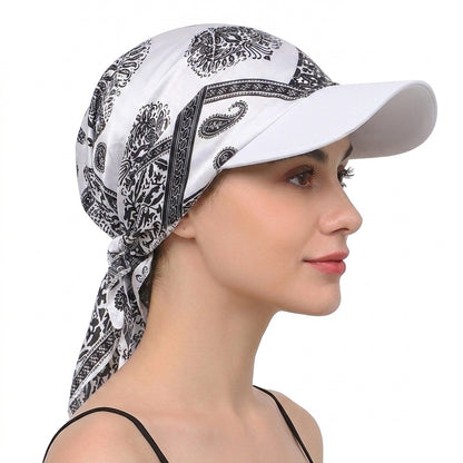 Women Satin Headscarf Sun Hat with Brim Summer Breathable Printed Cap