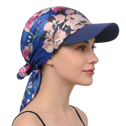 Women Satin Headscarf Sun Hat with Brim Summer Breathable Printed Cap
