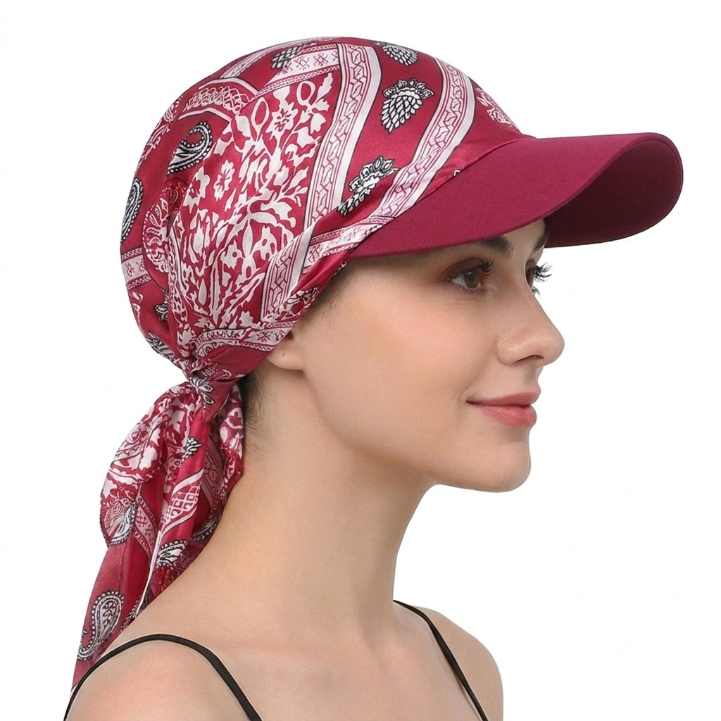 Women Satin Headscarf Sun Hat with Brim Summer Breathable Printed Cap