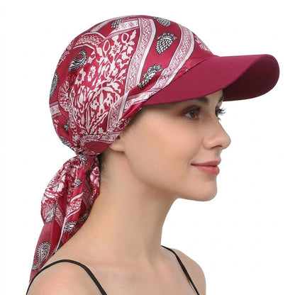 Women Satin Headscarf Sun Hat with Brim Summer Breathable Printed Cap