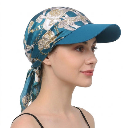 Women Satin Headscarf Sun Hat with Brim Summer Breathable Printed Cap