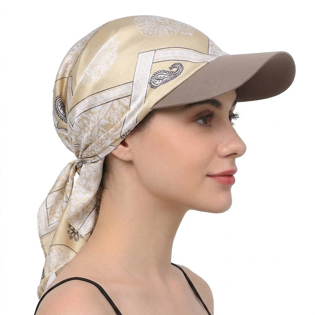 Women Satin Headscarf Sun Hat with Brim Summer Breathable Printed Cap