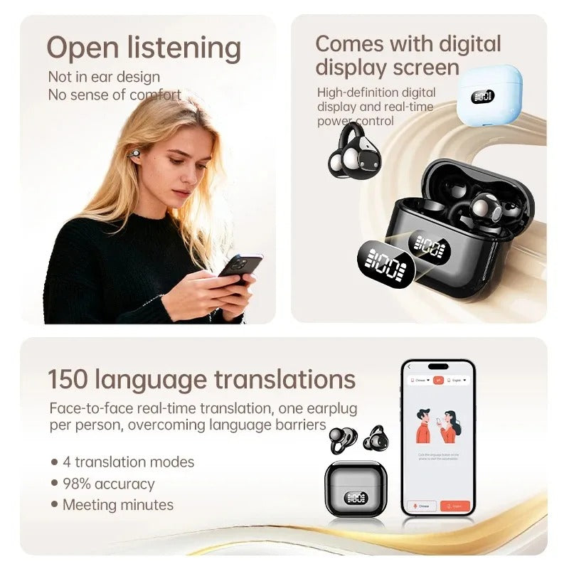 Open Ear Clip Bluetooth Wireless Earbuds with Clear Calls and Touch Control