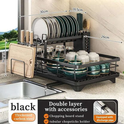 Adjustable Stainless Steel Dish Drying Rack with Cutting Board and Bowl Organizer