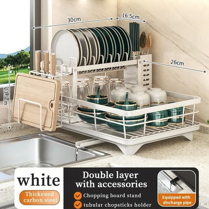 Adjustable Stainless Steel Dish Drying Rack with Cutting Board and Bowl Organizer