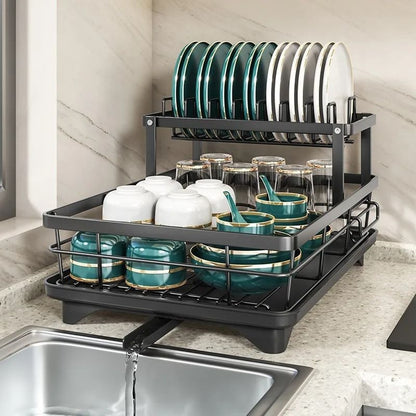 Adjustable Stainless Steel Dish Drying Rack with Cutting Board and Bowl Organizer