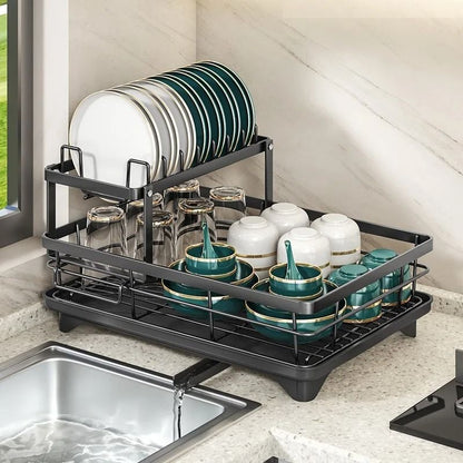 Adjustable Stainless Steel Dish Drying Rack with Cutting Board and Bowl Organizer