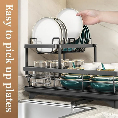 Adjustable Stainless Steel Dish Drying Rack with Cutting Board and Bowl Organizer