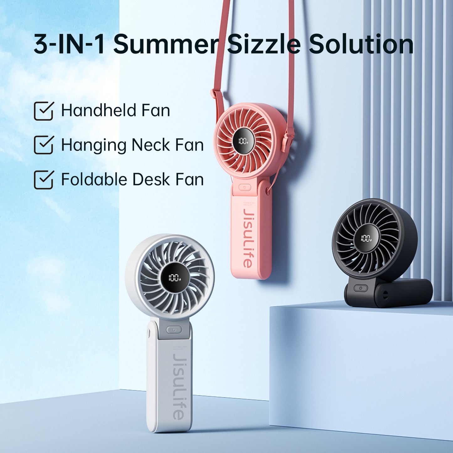 JISULIFE Portable Handheld Fan with LED Display & Rechargeable Battery