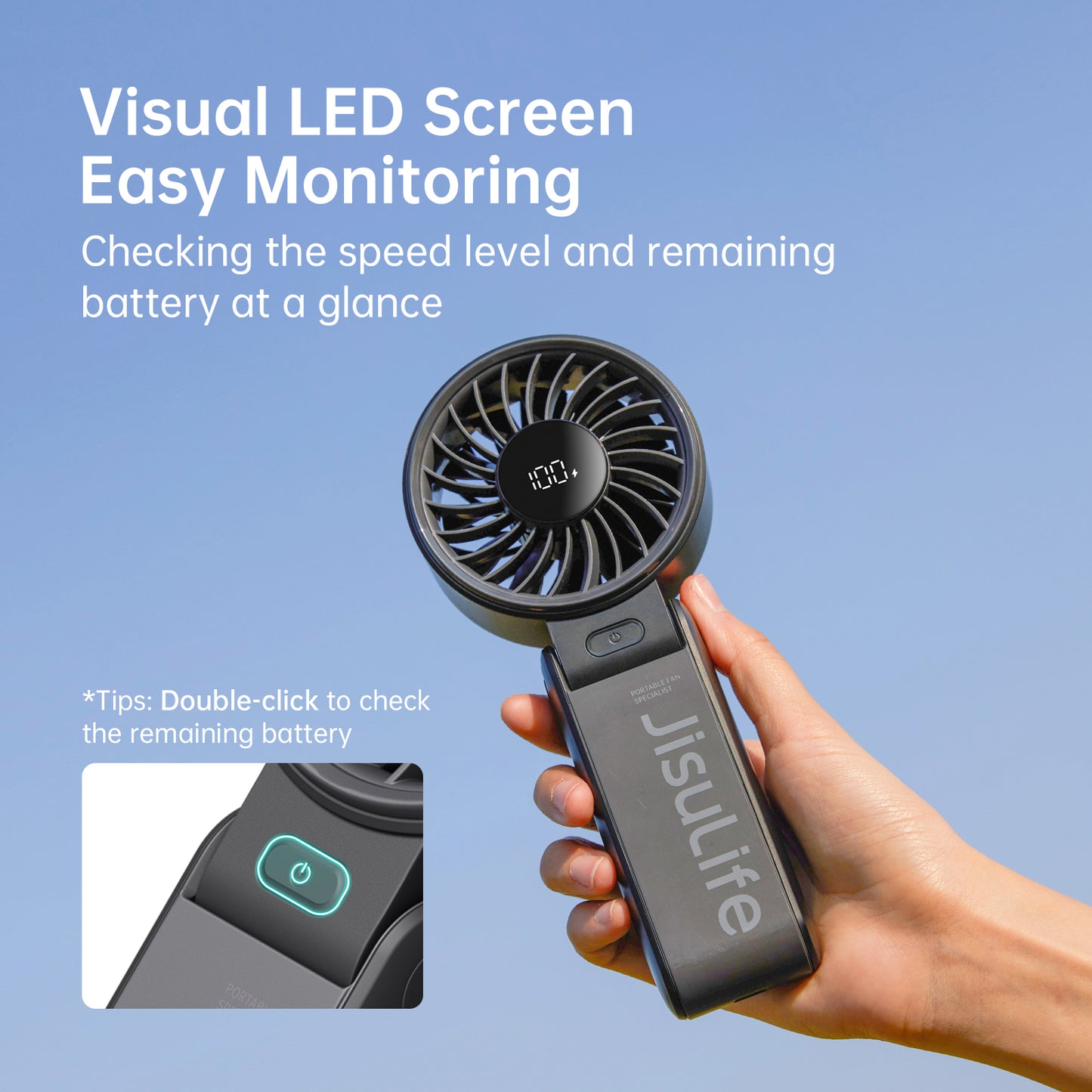 JISULIFE Portable Handheld Fan with LED Display & Rechargeable Battery