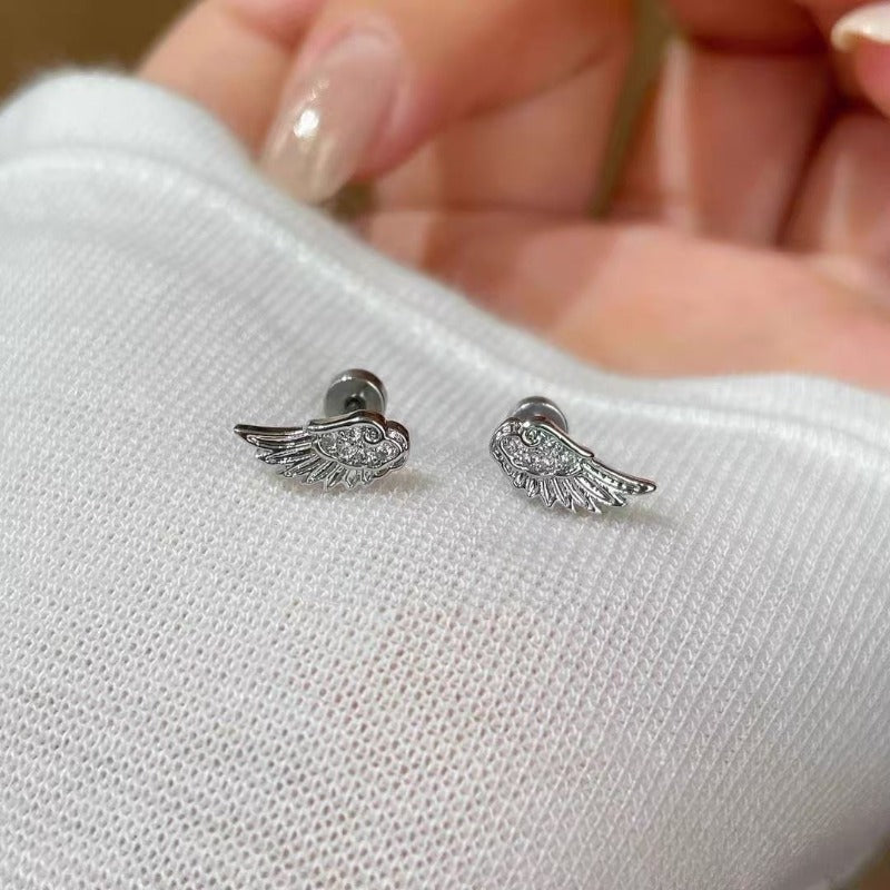 Crystal Wing Stud Earrings for Women Hypoallergenic Silver Cross Screw Back Cartilage Earrings