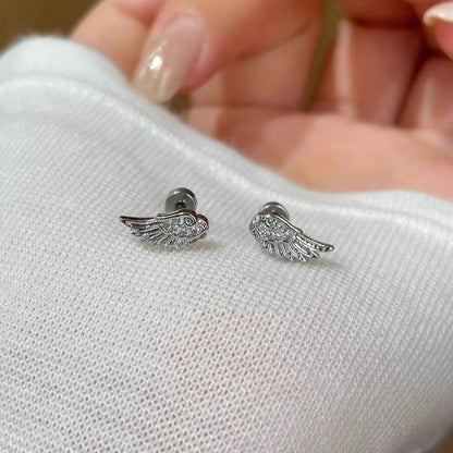 Crystal Wing Stud Earrings for Women Hypoallergenic Silver Cross Screw Back Cartilage Earrings