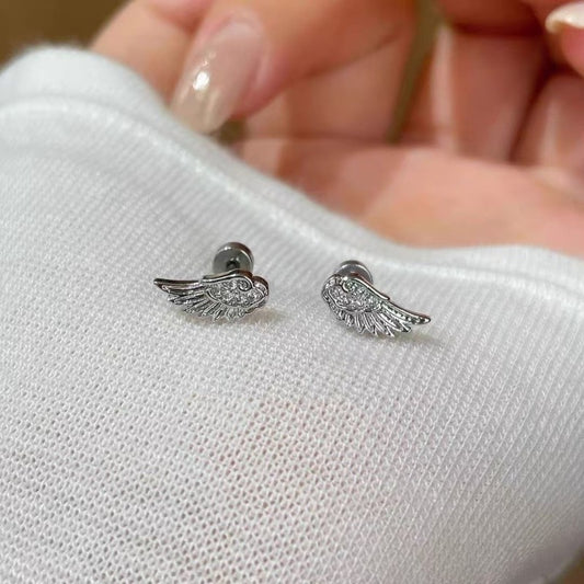 Crystal Wing Stud Earrings for Women Hypoallergenic Silver Cross Screw Back Cartilage Earrings