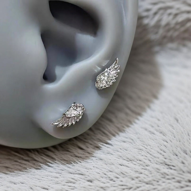 Crystal Wing Stud Earrings for Women Hypoallergenic Silver Cross Screw Back Cartilage Earrings