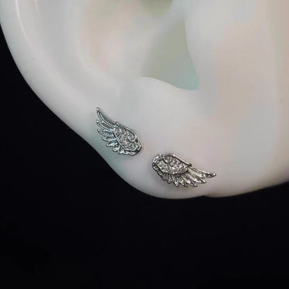Crystal Wing Stud Earrings for Women Hypoallergenic Silver Cross Screw Back Cartilage Earrings