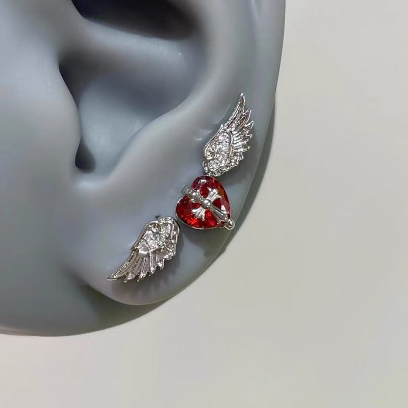 Crystal Wing Stud Earrings for Women Hypoallergenic Silver Cross Screw Back Cartilage Earrings