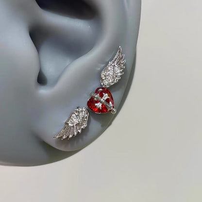 Crystal Wing Stud Earrings for Women Hypoallergenic Silver Cross Screw Back Cartilage Earrings