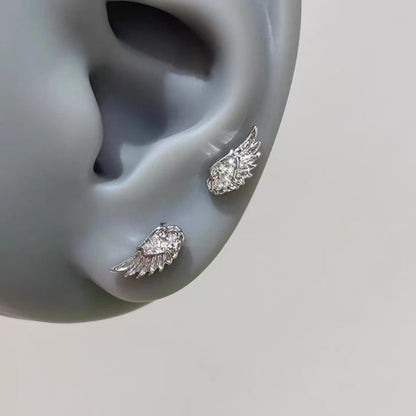 Crystal Wing Stud Earrings for Women Hypoallergenic Silver Cross Screw Back Cartilage Earrings