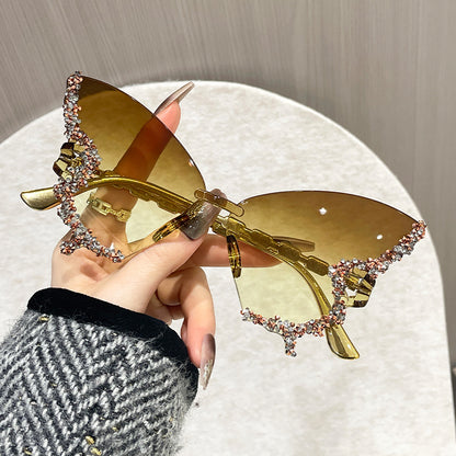 Rimless Butterfly Cat Eye Sunglasses Small Ellipse Fashion Shades