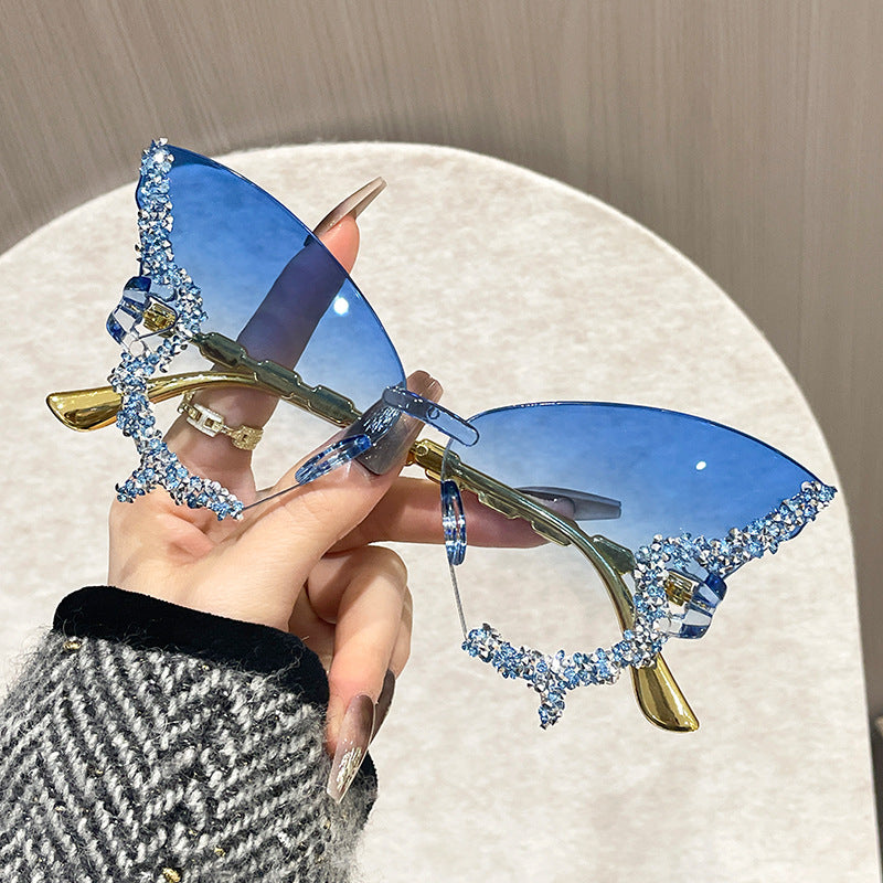 Rimless Butterfly Cat Eye Sunglasses Small Ellipse Fashion Shades