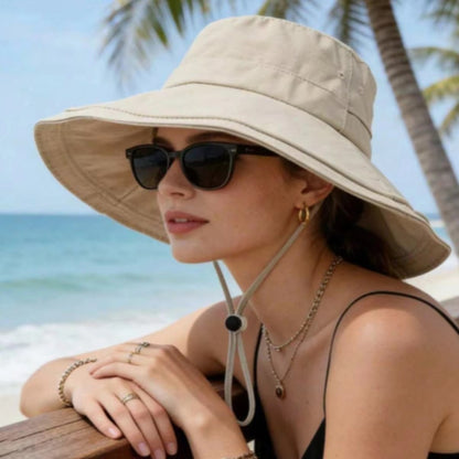 Wide Brim UV Protection Sun Hat Decorative Drawstring Summer Fisherman Cap for Travel