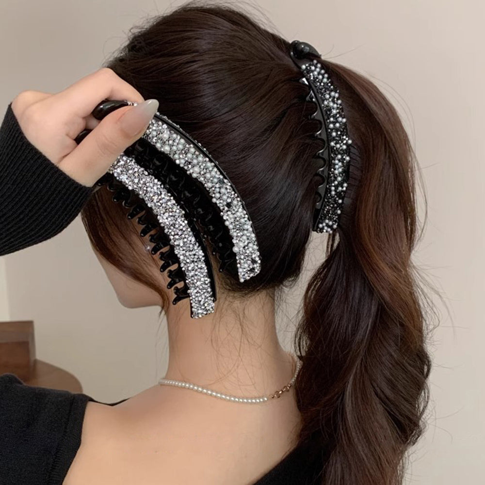 Crystal Pearl Banana Hair Clip Elegant Rhinestone Ponytail Holder for Women & Girls