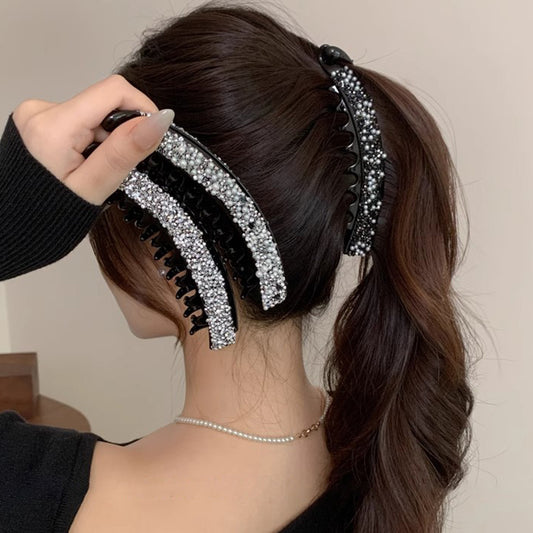 Crystal Pearl Banana Hair Clip Elegant Rhinestone Ponytail Holder for Women & Girls