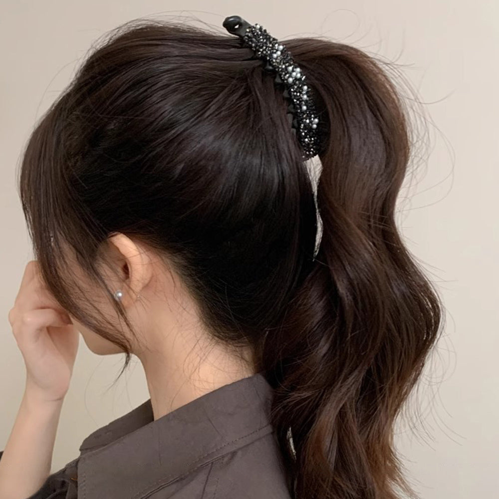 Crystal Pearl Banana Hair Clip Elegant Rhinestone Ponytail Holder for Women & Girls