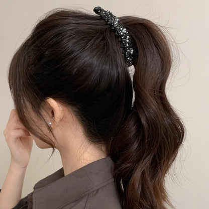 Crystal Pearl Banana Hair Clip Elegant Rhinestone Ponytail Holder for Women & Girls