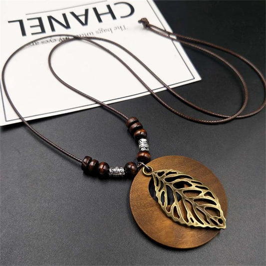 Bohemian Wooden Bead Pendant Necklace for Women Vintage Folk Style Long Statement Necklace