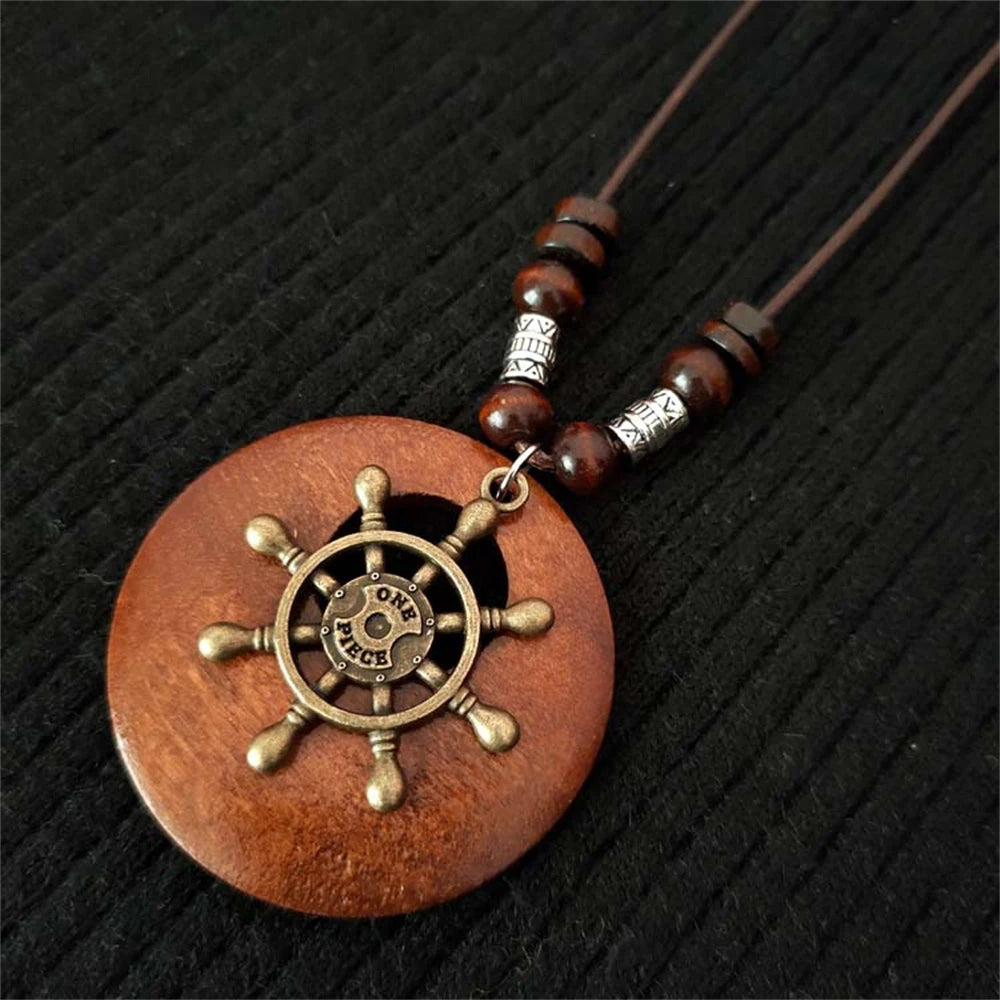 Bohemian Wooden Bead Pendant Necklace for Women Vintage Folk Style Long Statement Necklace