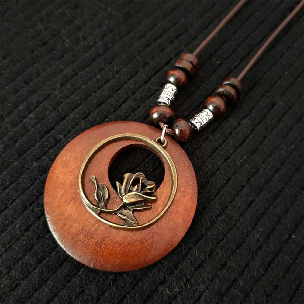 Bohemian Wooden Bead Pendant Necklace for Women Vintage Folk Style Long Statement Necklace