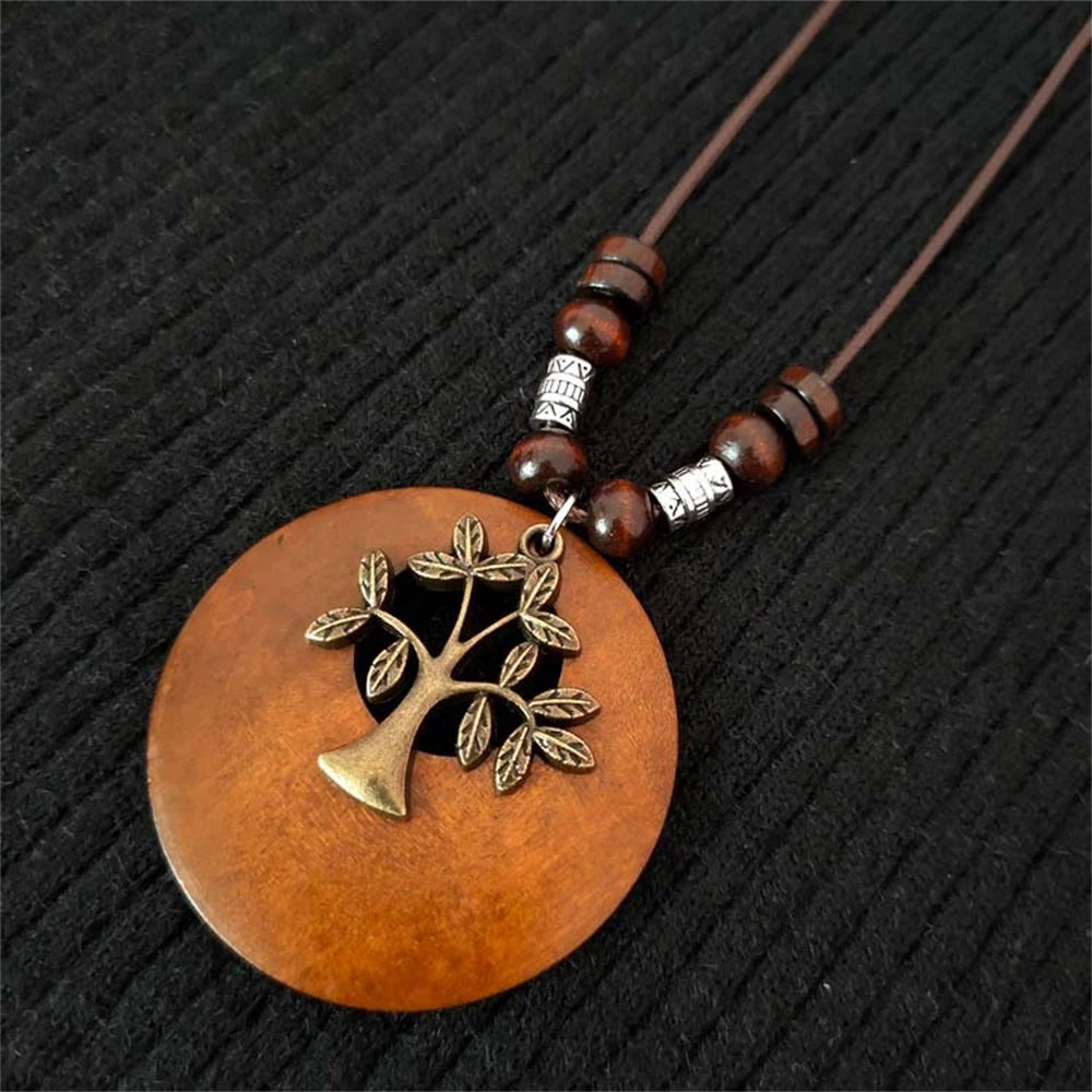 Bohemian Wooden Bead Pendant Necklace for Women Vintage Folk Style Long Statement Necklace