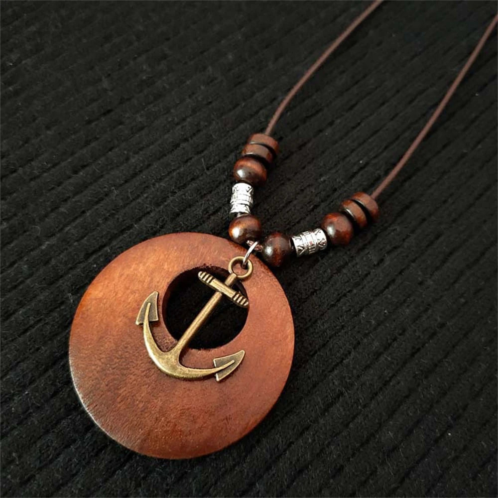 Bohemian Wooden Bead Pendant Necklace for Women Vintage Folk Style Long Statement Necklace