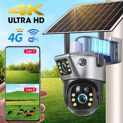 4G WiFi Solar Camera Dual Lens Outdoor 8MP 4K Battery IP Camera with Night Vision and Motion Detection
