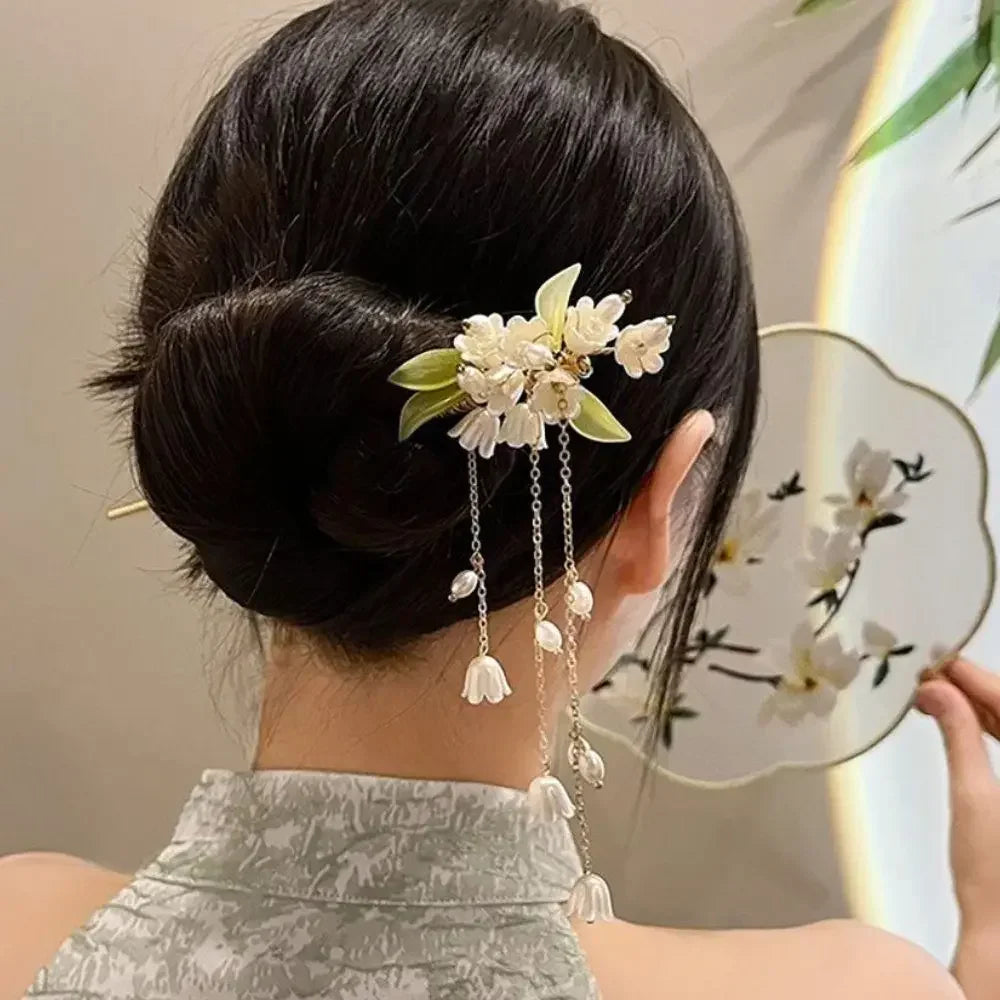 Chinese Flower Tassel Hair Stick Elegant Ancient Style Hanfu Hairpin for Women