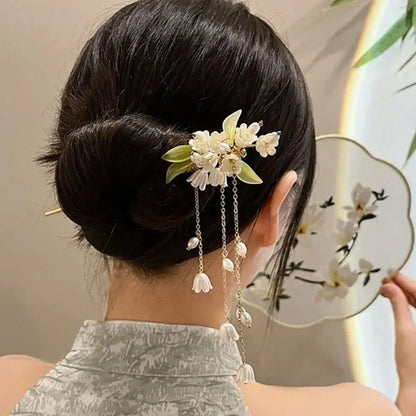 Chinese Flower Tassel Hair Stick Elegant Ancient Style Hanfu Hairpin for Women