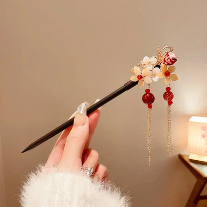 Chinese Flower Tassel Hair Stick Elegant Ancient Style Hanfu Hairpin for Women
