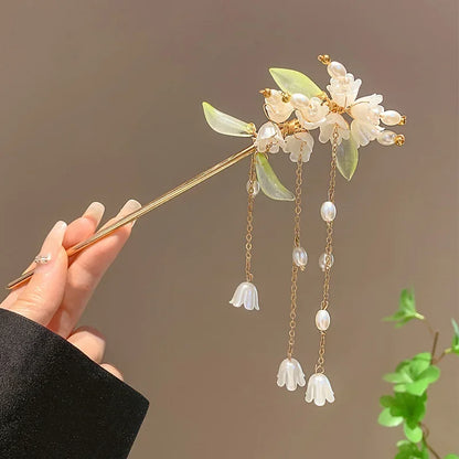 Chinese Flower Tassel Hair Stick Elegant Ancient Style Hanfu Hairpin for Women